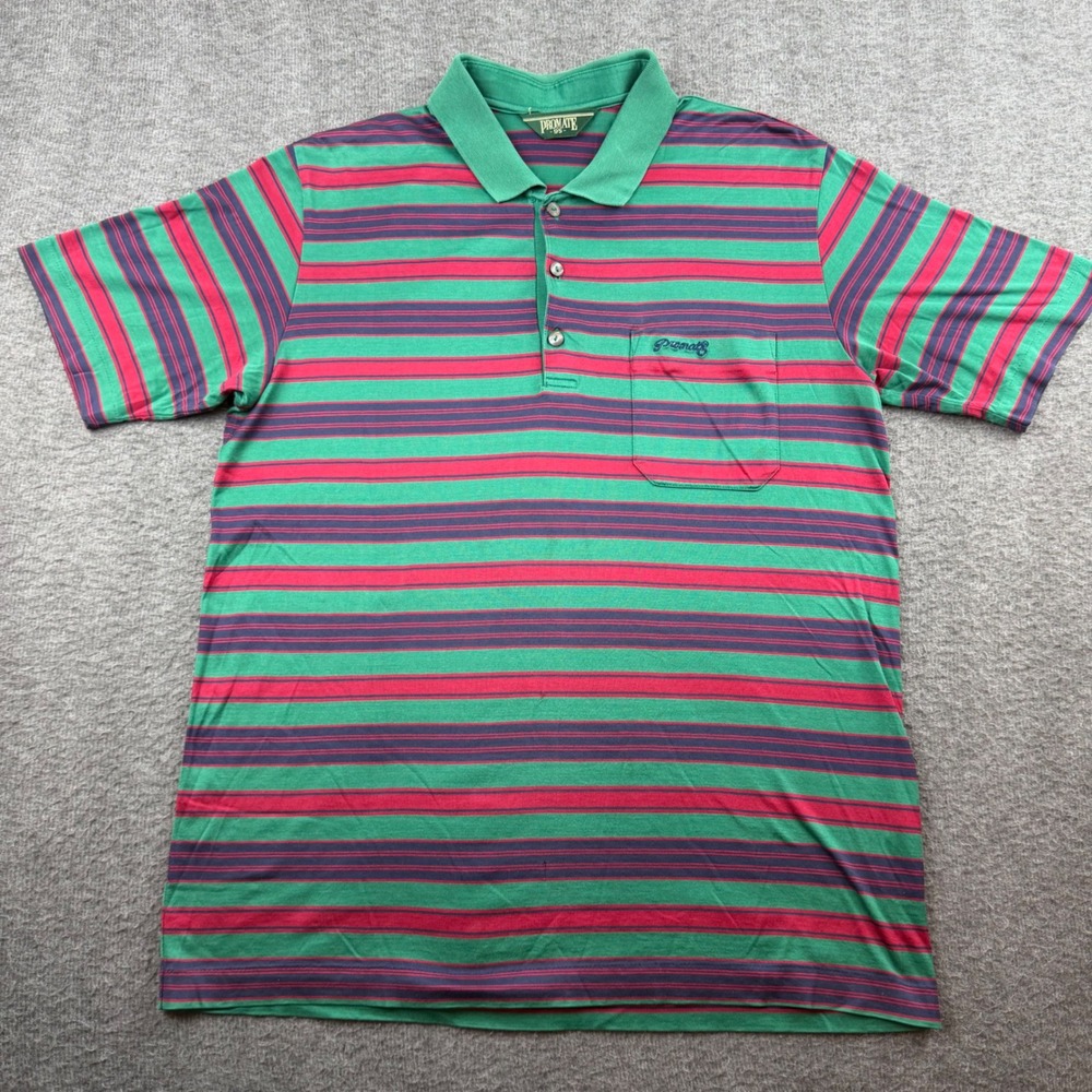 Promate Polo Shirt Men's 95 Green Red Striped Short Sleeve Pocket Casual